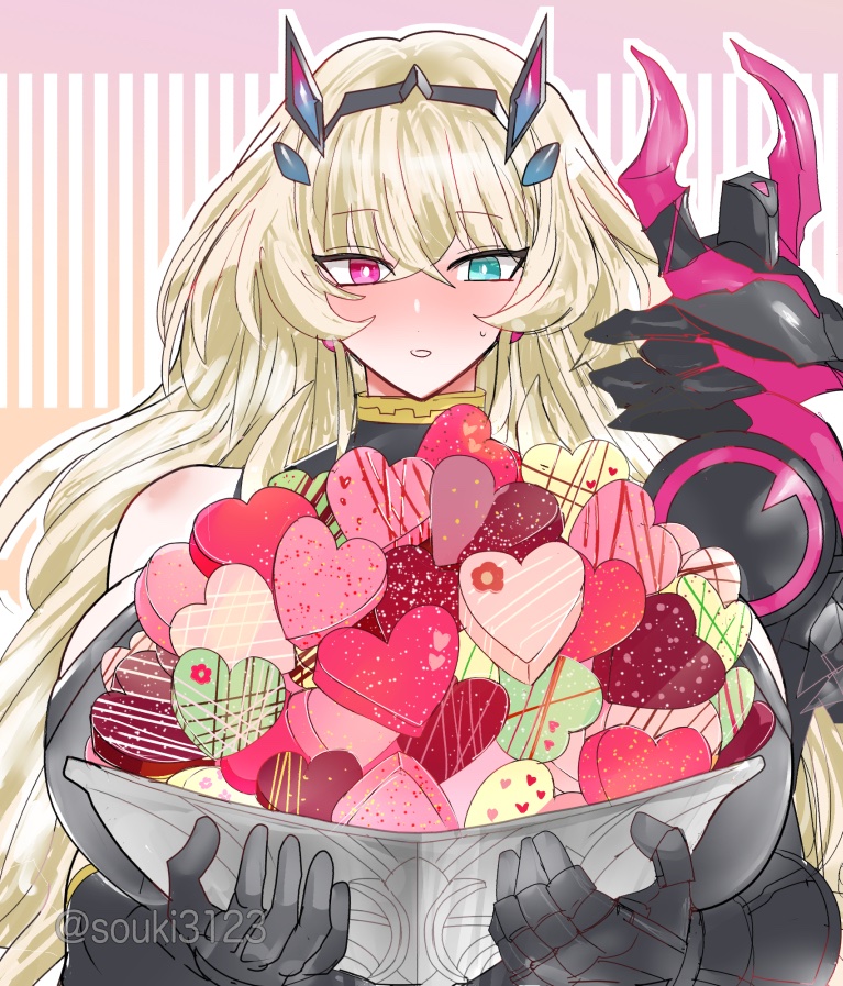 1girl, armor, barghest_(fate), barghest_(second_ascension)_(fate), blonde_hair, blush, bowl, cookie