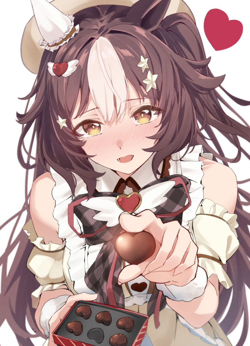 1girl, :d, animal_ears, bare_shoulders, beret, blush, box, box_of_chocolates, brown_dress, brown_eyes, brown_hair, brown_hat, brown_sleeves, candy, chocolate, commentary_request, detached_sleeves, dress, ear_covers, food, hair_ornament, hat, heart, heart-shaped_chocolate, heart-shaped_food, heart_hair_ornament, highres, holding, holding_box, holding_chocolate, holding_food, horse_ears, horse_girl, incoming_food, kagari_liroi, long_hair, looking_at_viewer, multicolored_hair, official_alternate_costume, open_mouth, short_sleeves, sidelocks, simple_background, single_ear_cover, smile, solo, star_(symbol), star_hair_ornament, streaked_hair, umamusume, upper_body, valentine, white_background, white_hair, yamanin_zephyr_(sugary_wind)_(umamusume), yamanin_zephyr_(umamusume)