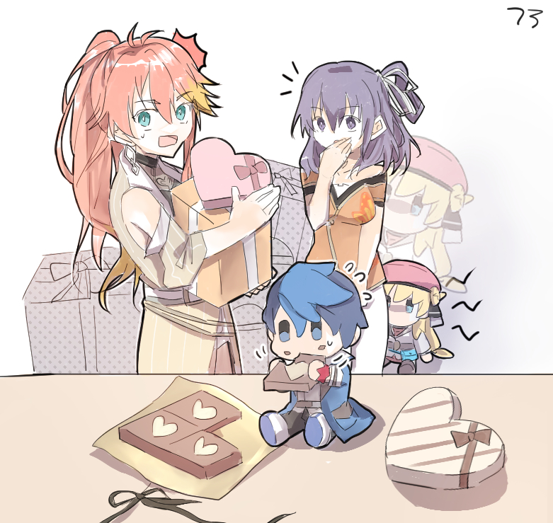 1boy, 3girls, agnes_claudel, beret, box, chibi, chocolate, detached_sleeves