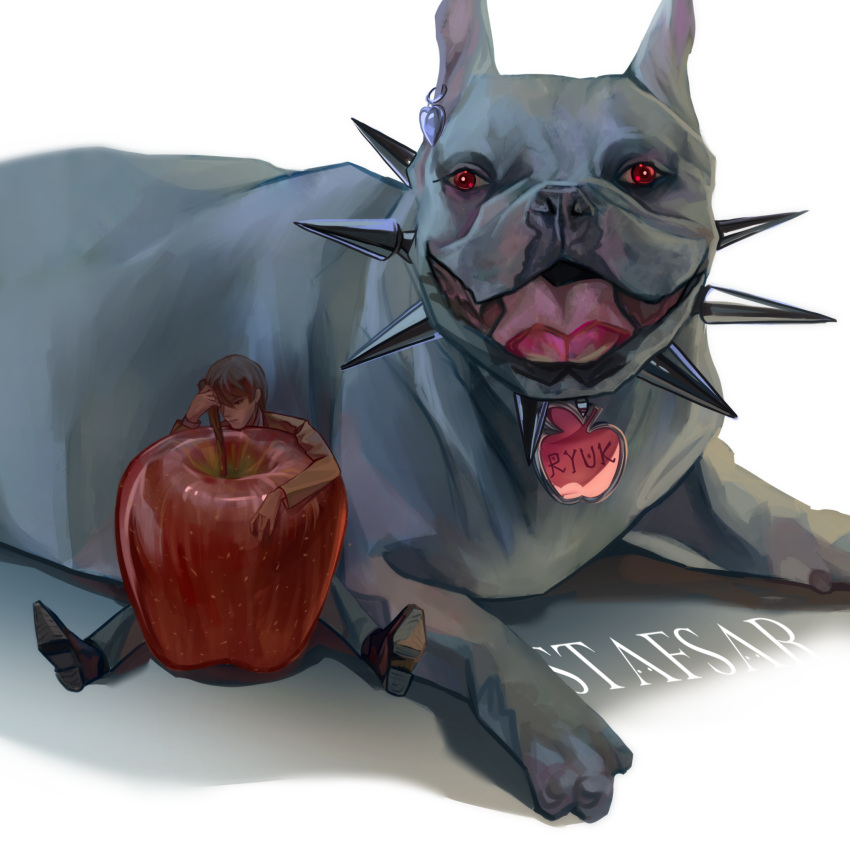 apple, brown_hair, bulldog, collar, death_note, dog, earrings, food