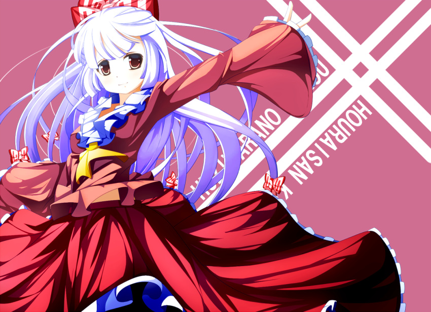 bad_id, bow, cosplay, fujiwara_no_mokou, hair_bow, houraisan_kaguya, houraisan_kaguya_(cosplay), long_hair, red_eyes, solo, suriorosi_momizi, touhou, very_long_hair, white_hair