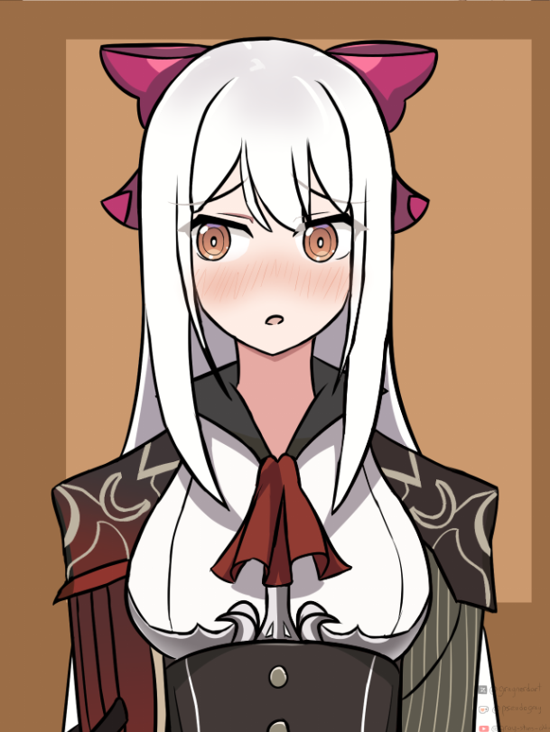 1girl, ascot, blush, celeste_mccoy, long_hair, open_mouth, orange_eyes, pink_bow