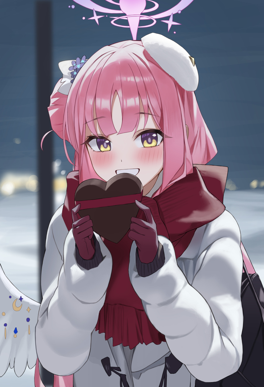 1girl, absurdres, angel_wings, bag, bllustration, blue_archive, blurry, blurry_background