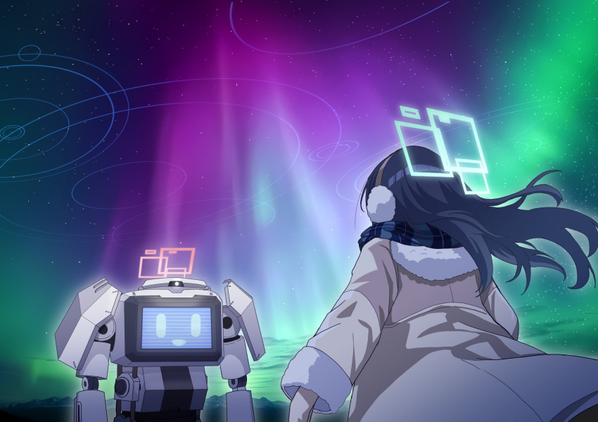 2girls, ai-assisted, aris_(blue_archive), aurora, blue_archive, blue_hair, blue_halo, earmuffs
