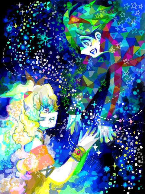 1girl, colorful, couple, happy, nia_teppelin, reaching, simon, ss_kankon