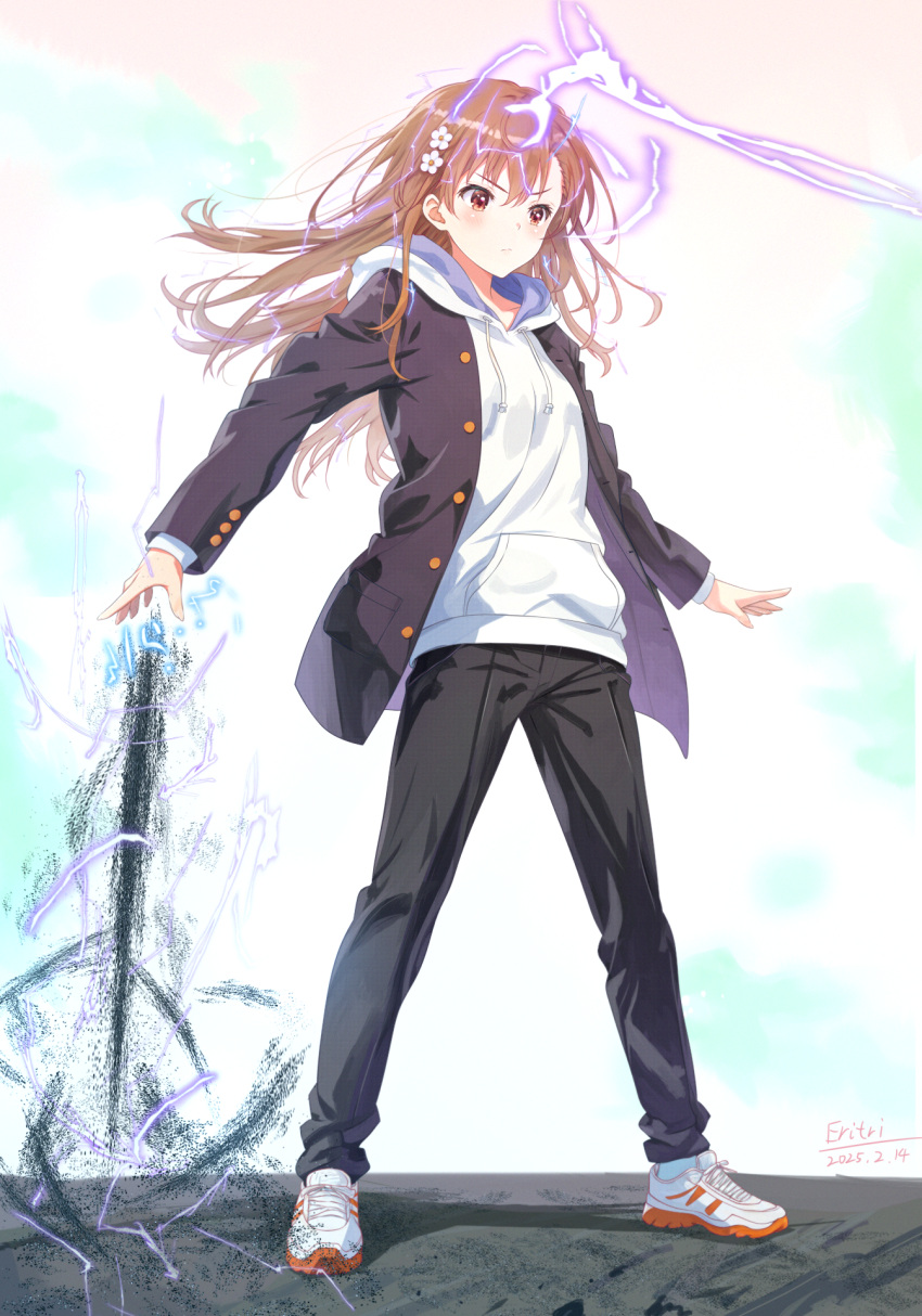 1girl, a_certain_high_school_uniform, alternate_costume, alternate_hair_length, alternate_hairstyle, black_jacket, black_pants, brown_eyes