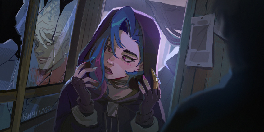 1boy, 1girl, arcane_jinx, blue_hair, blush, dark-skinned_male, dark_skin, ekko_(league_of_legends)