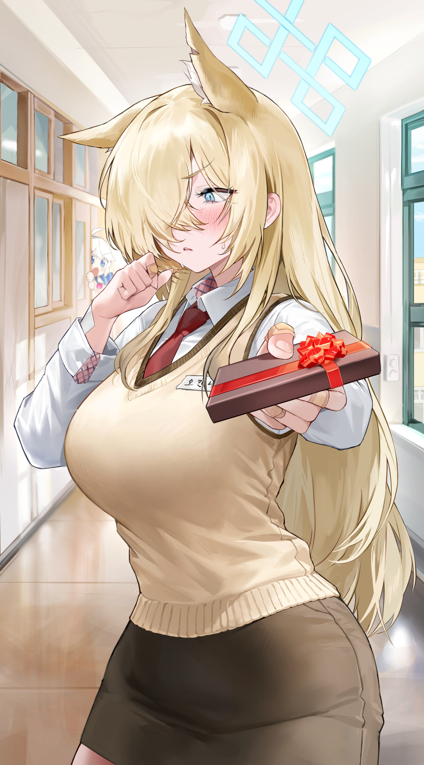 3girls, absurdres, alternate_costume, animal_ears, blonde_hair, blue_archive, blue_halo, box