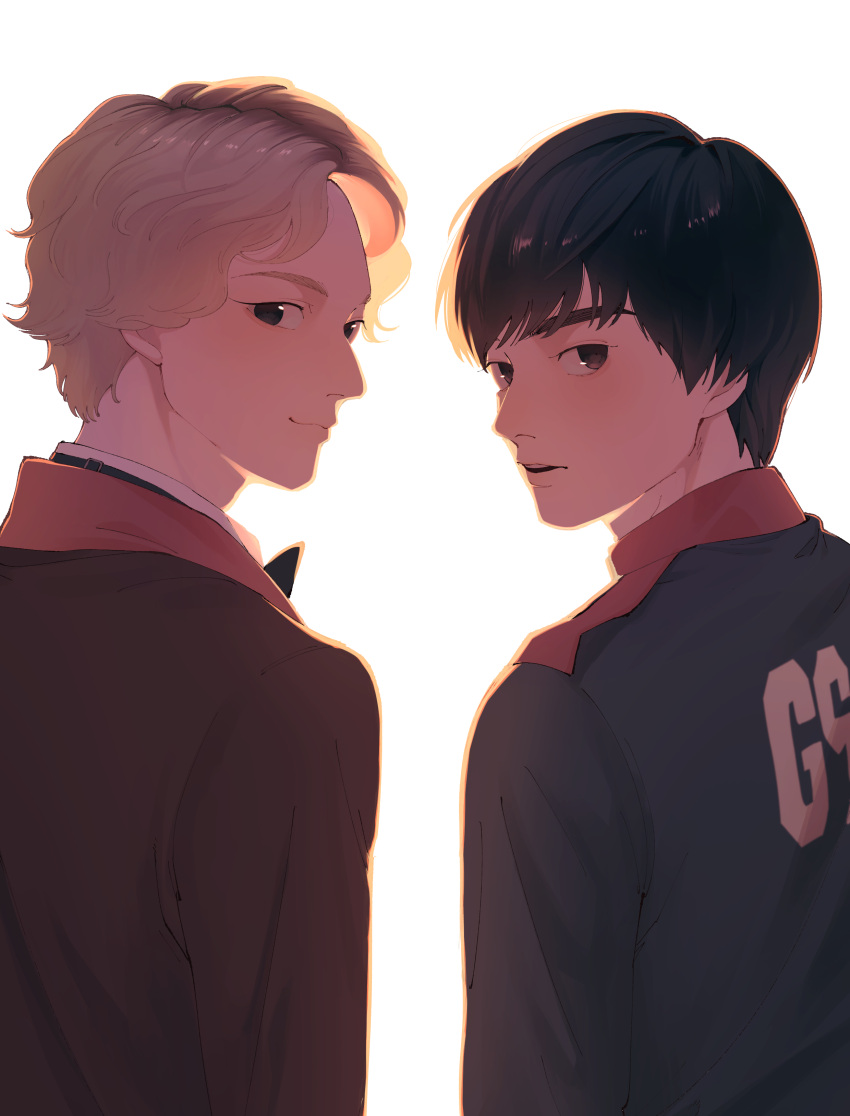2boys, absurdres, asaka_keiichirou, black_eyes, black_hair, black_jacket, blonde_hair, from_behind