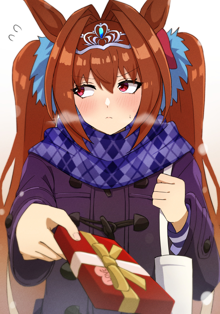 1girl, animal_ears, box, box_of_chocolates, daiwa_scarlet_(umamusume), highres, horse_ears, horse_girl