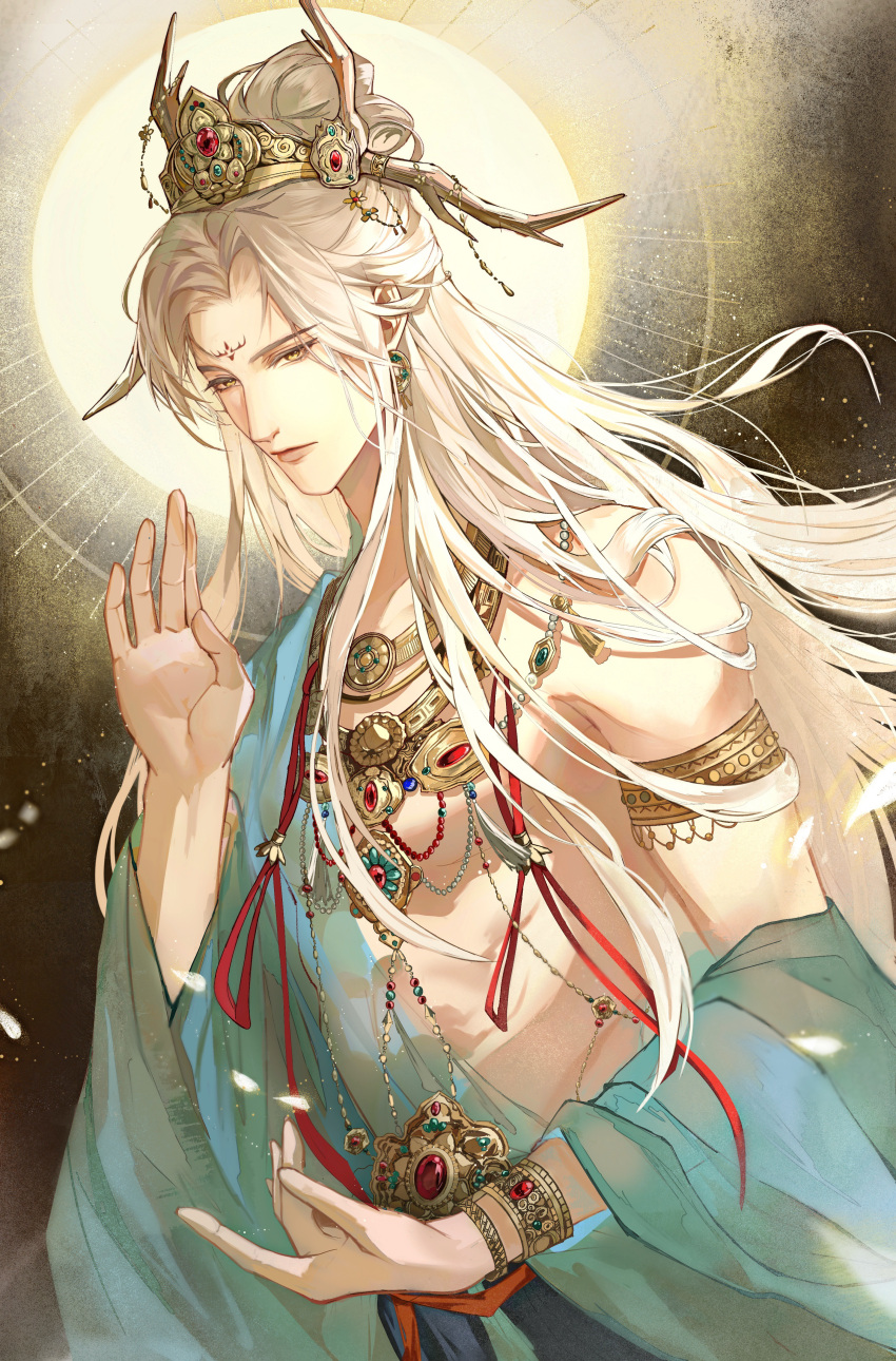 1boy, abhaya_mudra, absurdres, aqua_robe, armlet, bracelet, chinese_clothes, closed_mouth