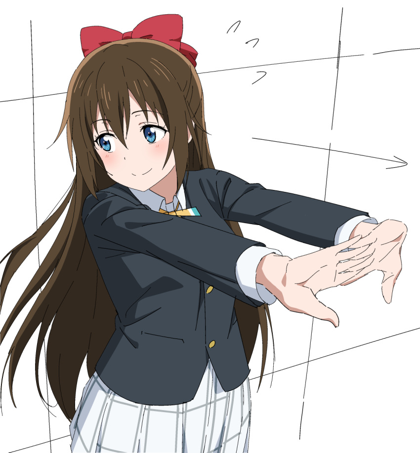 1girl, arrow_(symbol), averting_eyes, blue_eyes, blush, bow, brown_hair, closed_mouth