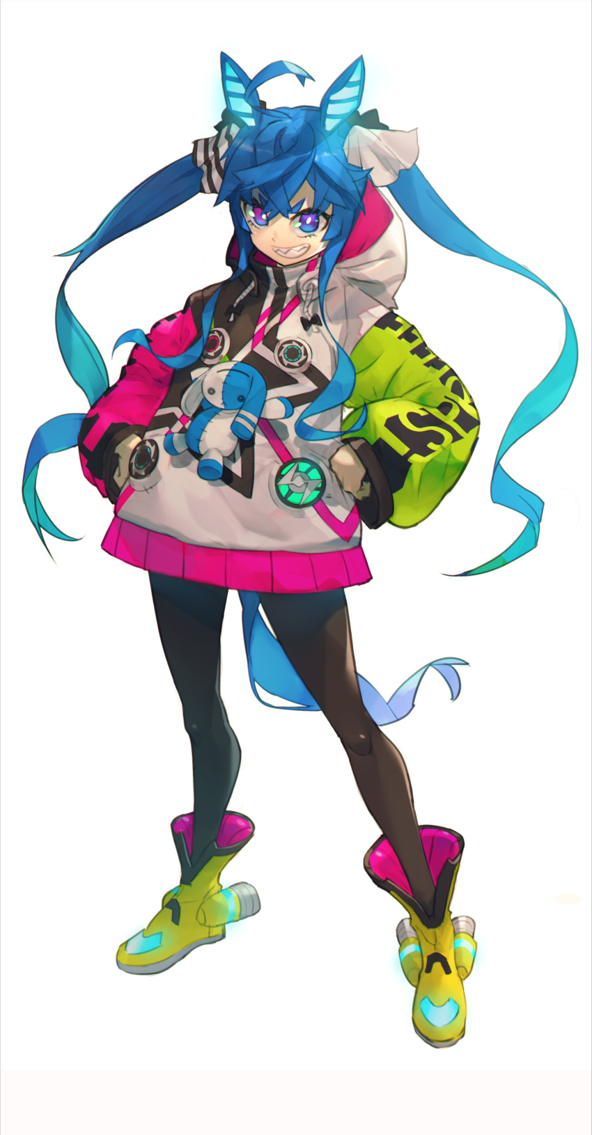 1girl, absurdres, ahoge, animal_ears, antenna_hair, asymmetrical_clothes, blue_eyes, blue_hair, fangs, grin, hair_between_eyes, hands_on_own_hips, highres, hood, hoodie, jacket, keizo_aruminuum, long_sleeves, looking_at_viewer, original, pantyhose, shoes, short_eyebrows, sidelocks, simple_background, smile, smirk, smug, solo, standing, tail, teeth, thick_eyebrows, twintails, v-shaped_eyebrows, white_background, yellow_shoes