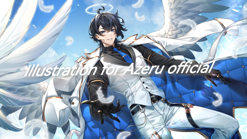 1boy, angel, angel_wings, azeru_(vtuber), beckoning, belt, belt_buckle, black_belt