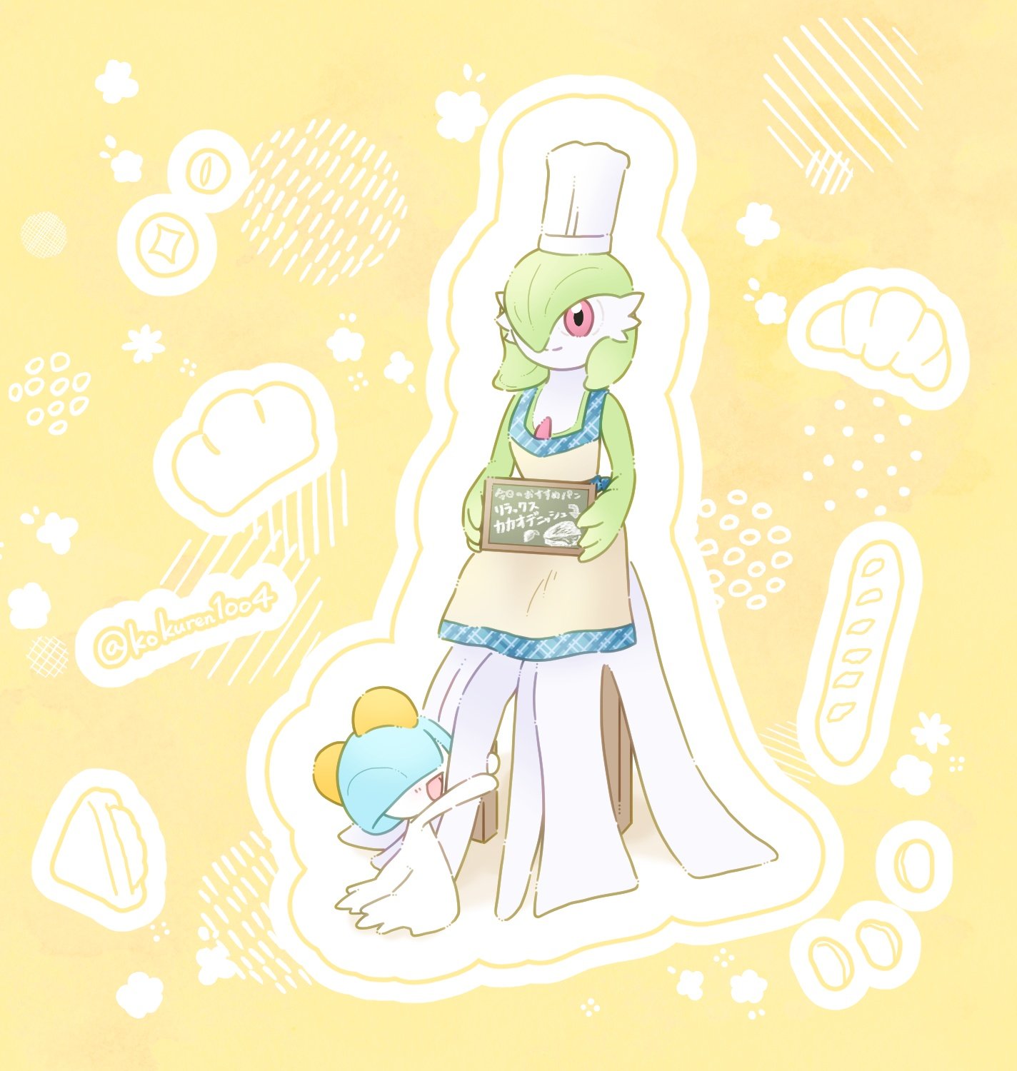 alternate_color, apron, artist_name, blue_hair, bowl_cut, chef_hat, colored_skin, gardevoir, hair_over_eyes, hat, highres, horns, kokuren, life-size_gardevoir_plush, open_mouth, pokemon, pokemon_(creature), ralts, shiny_pokemon, smile, stuffed_toy, white_hat, white_skin, yellow_background