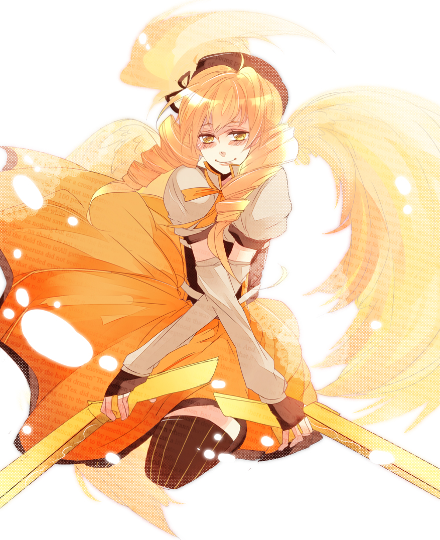 bad_id, beret, blonde_hair, brown_legwear, crossed_arms, detached_sleeves, drill_hair, fingerless_gloves