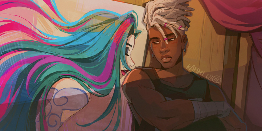 1boy, 1girl, arcane:_league_of_legends, arcane_jinx, arm_tattoo, artist_name, biceps, blue_hair