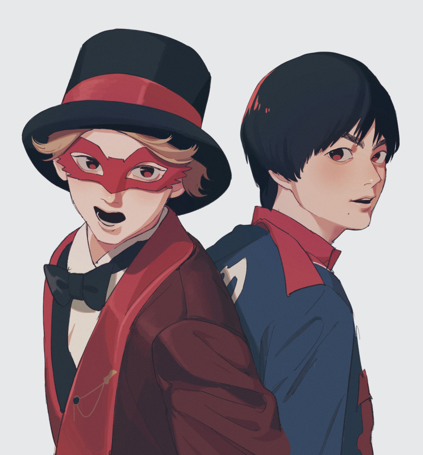 2boys, asaka_keiichirou, back-to-back, black_eyes, black_hair, black_hat, black_jacket, blonde_hair