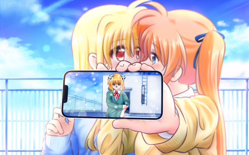 3girls, angry, arisa_bunnings, blonde_hair, blue_eyes, blush, cellphone, clouds, cloudy_sky, fate_testarossa, green_eyes, highres, kerorokjy, kiss, long_hair, lyrical_nanoha, mahou_shoujo_lyrical_nanoha, medium_hair, multiple_girls, orange_hair, phone, red_eyes, school_uniform, selfie, sky, sweater, takamachi_nanoha, very_long_hair, yuri