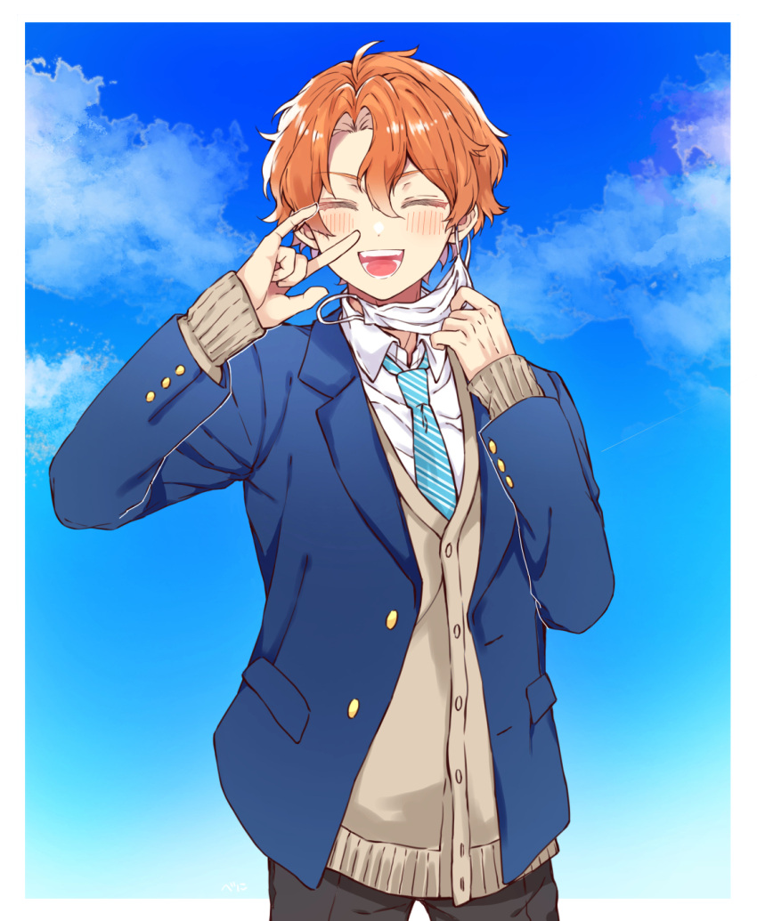 1boy, :d, black_pants, blazer, blue_jacket, blush, bnilst, day, facing_viewer, hair_between_eyes, hand_up, haruka_gakuto, highres, jacket, long_sleeves, male_focus, mask, mouth_mask, necktie, outdoors, pants, removing_mask, smile, solo, standing, uniteup!