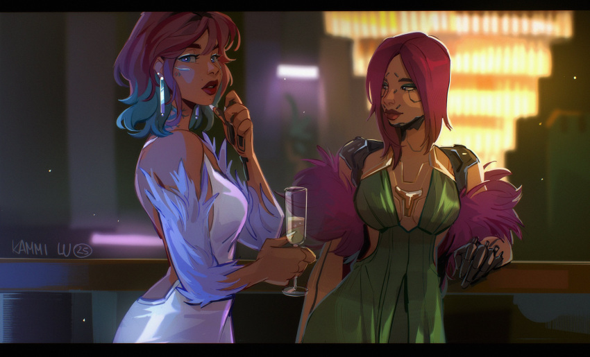 2girls, artist_name, backless_outfit, blue_eyes, blue_hair, champagne_flute, closed_mouth, cup
