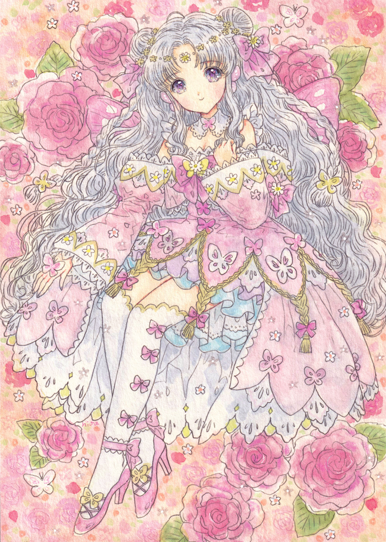 1girl, bow, braid, bug, butterfly, butterfly_wings, collared_dress, dress