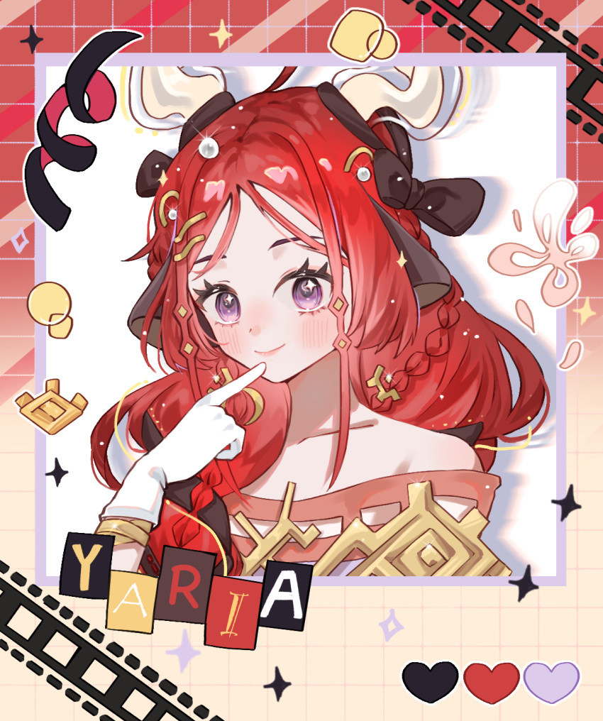 1girl, bare_shoulders, border, chilizi, closed_mouth, film_strip_border, finger_to_mouth, gloves