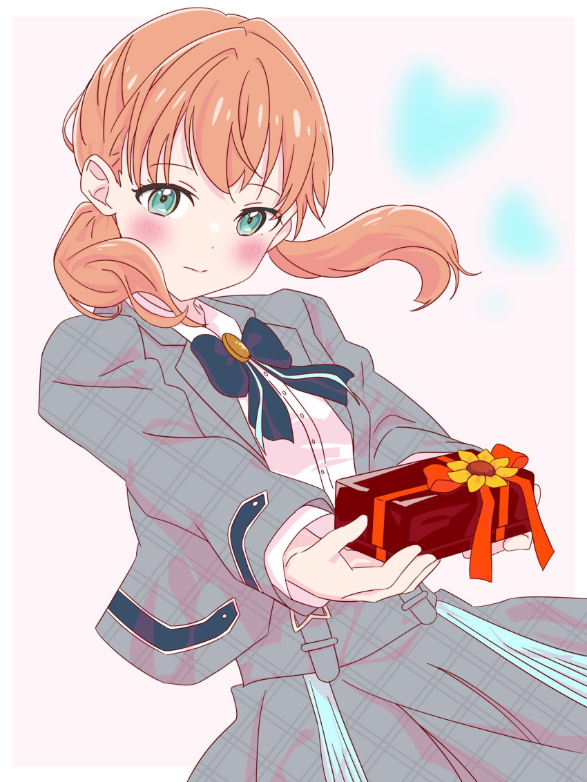 1girl, aqua_eyes, black_bow, black_bowtie, blazer, blurry, blurry_background, blush, bow, bowtie, closed_mouth, collared_shirt, commentary, cowboy_shot, crossed_bangs, dress_shirt, flower, gift, grey_jacket, grey_skirt, hanamusubi_(love_live!), heart, highres, hinoshita_kaho, holding, holding_gift, incoming_gift, jacket, link!_like!_love_live!, long_hair, long_sleeves, looking_at_viewer, love_live!, low_twintails, myrain56991013, official_alternate_costume, open_clothes, open_jacket, orange_hair, plaid_clothes, plaid_jacket, plaid_skirt, pleated_skirt, shirt, simple_background, skirt, solo, symbol-only_commentary, twintails, virtual_youtuber, white_background, white_shirt, yellow_flower