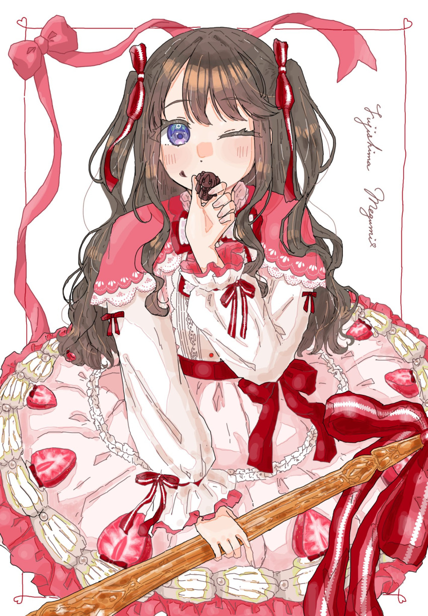 1girl, blush, brown_hair, character-themed_food, character_name, chocolate, commentary, dress