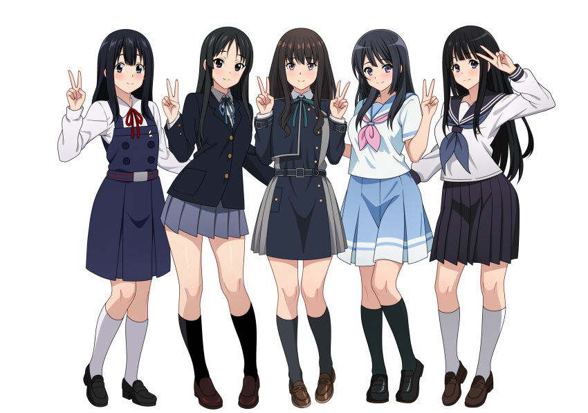 5girls, akiyama_mio, black_hair, blue_eyes, chitanda_eru, color_connection, double_v, full_body