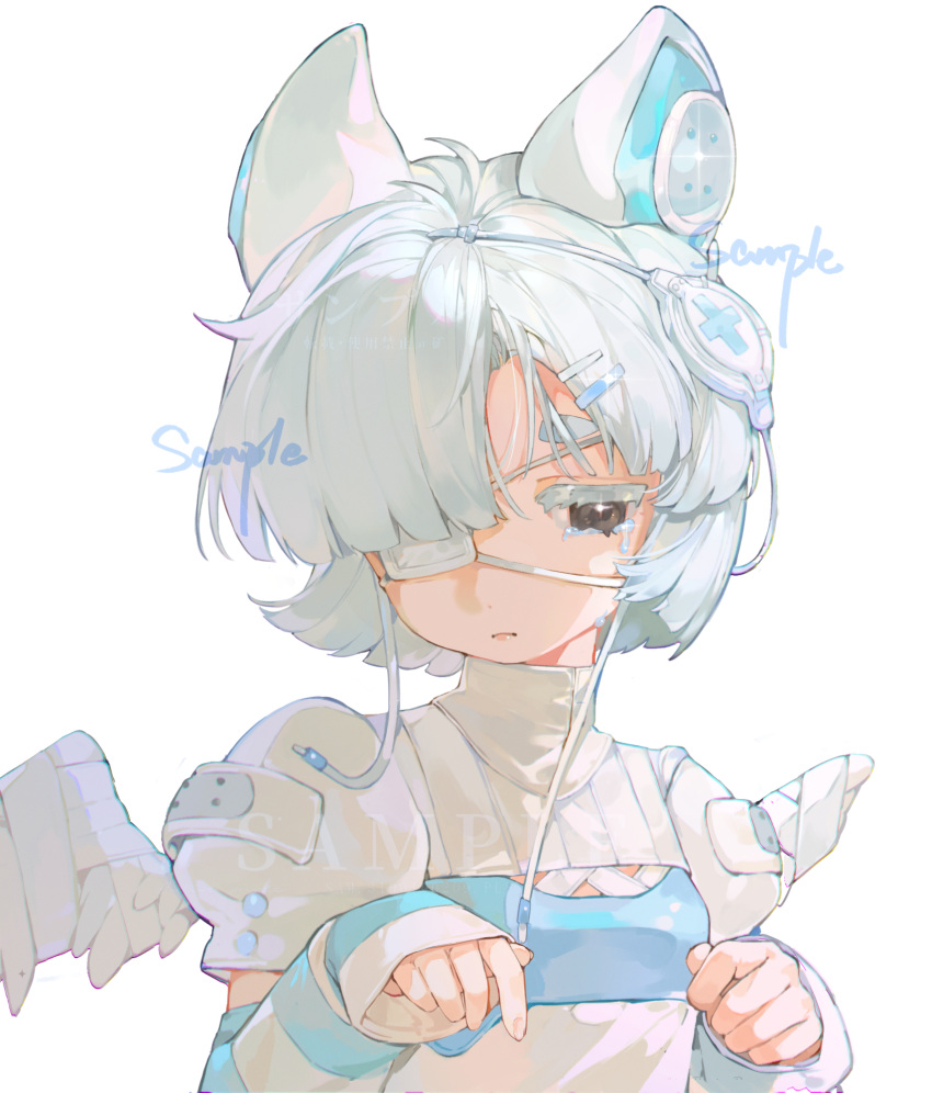 1girl, animal_ears, baifeidaiwang, bandaged_wings, brown_eyes, closed_mouth, colored_eyelashes, eyelashes