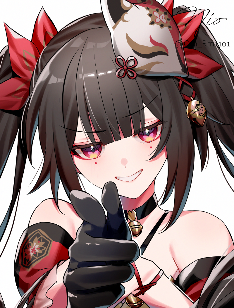 1girl, bell, black_choker, black_gloves, black_hair, choker, collar, commentary
