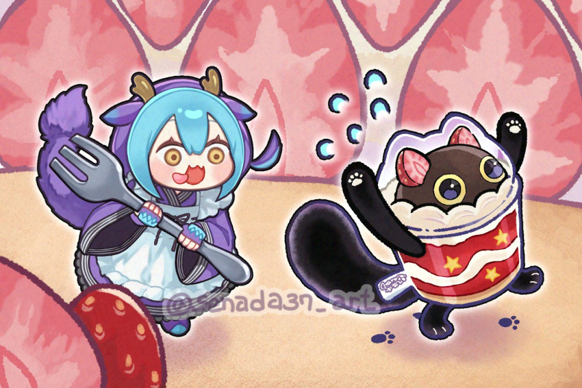 animal_hands, apron, black_cat, blue_hair, boots, cat, cat_paws, cup