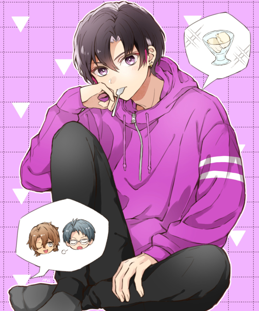 1boy, bnilst, full_body, highres, jacket, legit_(uniteup!), long_sleeves, male_focus, nijo_eishiro, one_eye_closed, pink_background, purple_jacket, sitting, speech_bubble, spoken_character, spoken_food, takao_daiki, togo_fuga, uniteup!, utensil_in_mouth, violet_eyes, zipper
