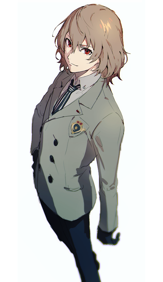 1boy, akechi_gorou, black_gloves, black_necktie, black_pants, brown_hair, brown_jacket, buttons