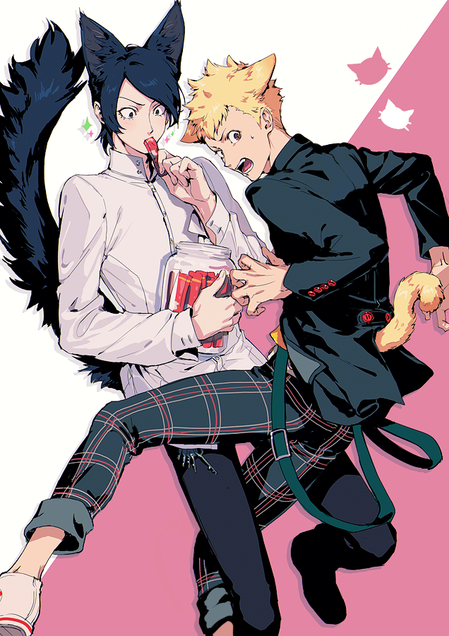 2boys, animal_ears, black_jacket, black_pants, blazer, blonde_hair, blue_eyes, blue_hair, brown_eyes, cat_boy, cat_ears, cat_tail, eating, holding, holding_jar, jacket, jar, kemonomimi_mode, kitagawa_yuusuke, long_sleeves, male_focus, multiple_boys, open_mouth, pants, pants_rolled_up, persona, persona_5, pitk, plaid_clothes, plaid_pants, sakamoto_ryuuji, school_uniform, shirt, shoes, short_hair, shuujin_academy_school_uniform, sneakers, sparkle, surprised, suspenders_hanging, tail, two-tone_background, white_shirt, white_sneakers