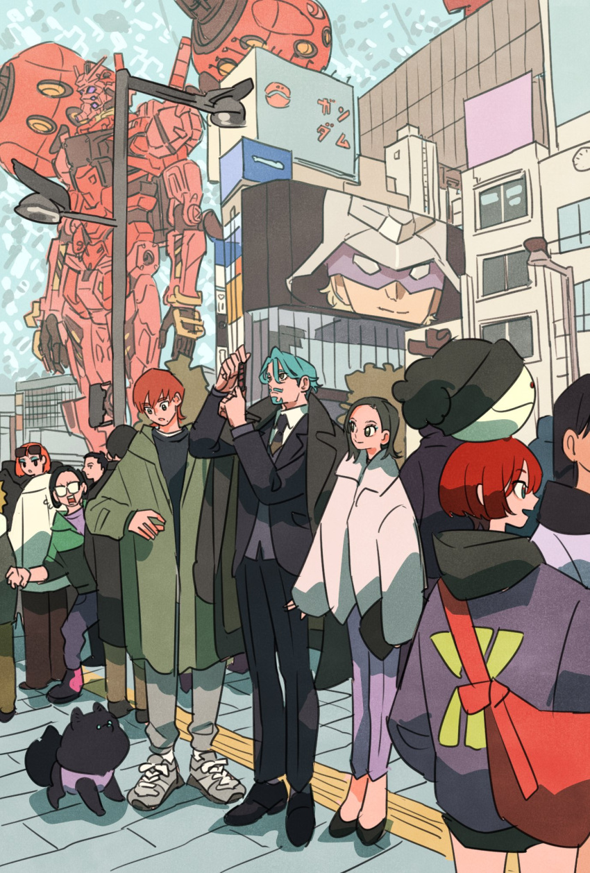 4girls, 6+boys, amate_yuzuriha, annqi, bag, beanie, beard, black_hair