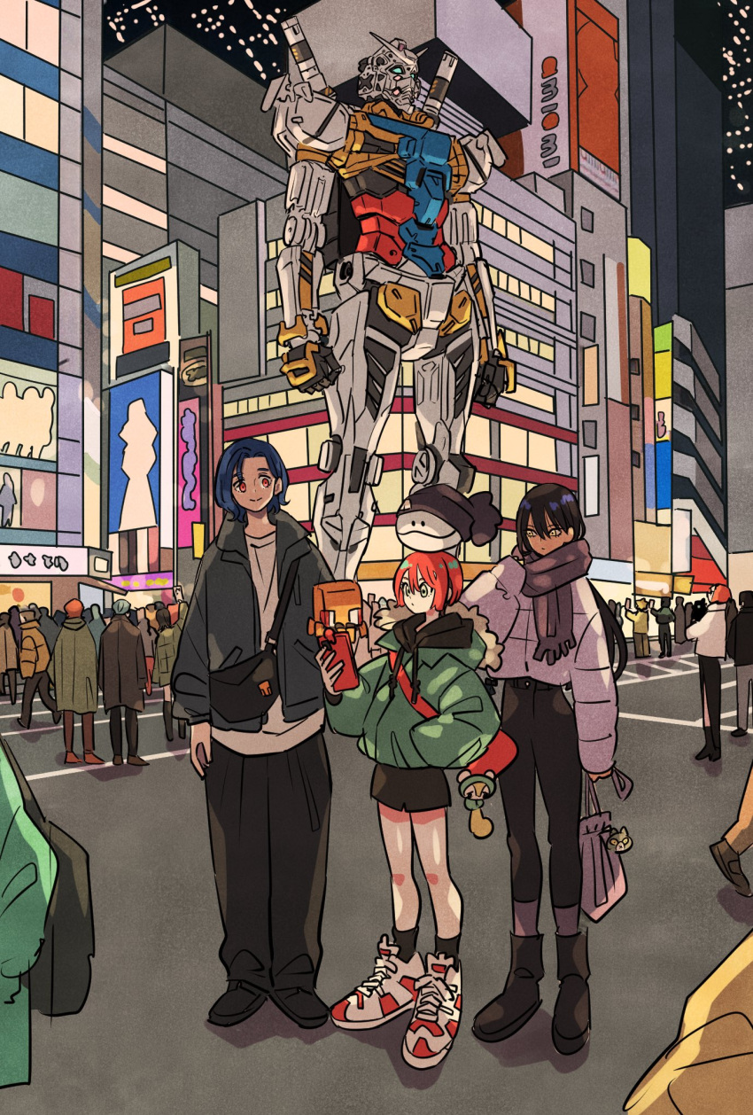 4girls, 6+boys, amate_yuzuriha, annqi, bag, beanie, black_hair, blue_hair, building, challia_bull, city, coat, comoli_harcourt, crowd, gquuuuuux, green_eyes, gundam, gundam_gquuuuuux, haro, hat, highres, hood, hoodie, jacket, jezzi, kaine_(gundam), long_hair, long_sleeves, mecha, mobile_suit, multiple_boys, multiple_girls, nabu_(gundam), night, night_sky, non-humanoid_robot, nyaan_(gundam_gquuuuuux), outdoors, pants, red_eyes, red_hair, robot, scarf, shoes, short_hair, shorts, shuji_ito, skirt, sky, smile, streetwear, takeuchi_ryousuke, v-fin, walking, xavier_olivette, yellow_eyes