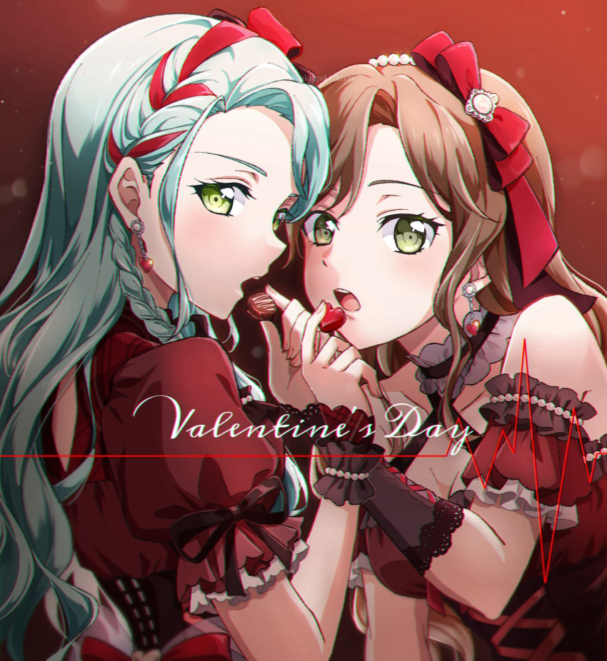 2girls, aqua_hair, bang_dream!, black_choker, black_corset, black_wrist_cuffs, braid, brown_hair, candy, chocolate, choker, commentary, corset, detached_sleeves, dress, earrings, english_commentary, feeding, food, frilled_choker, frills, green_eyes, hair_ribbon, heart, heart-shaped_chocolate, heart-shaped_food, heart_earrings, highres, hikawa_sayo, imai_lisa, jewelry, long_hair, multiple_girls, open_mouth, rakugakishieri, red_dress, red_ribbon, ribbon, side_braids, sidelocks, valentine, wrist_cuffs, yuri