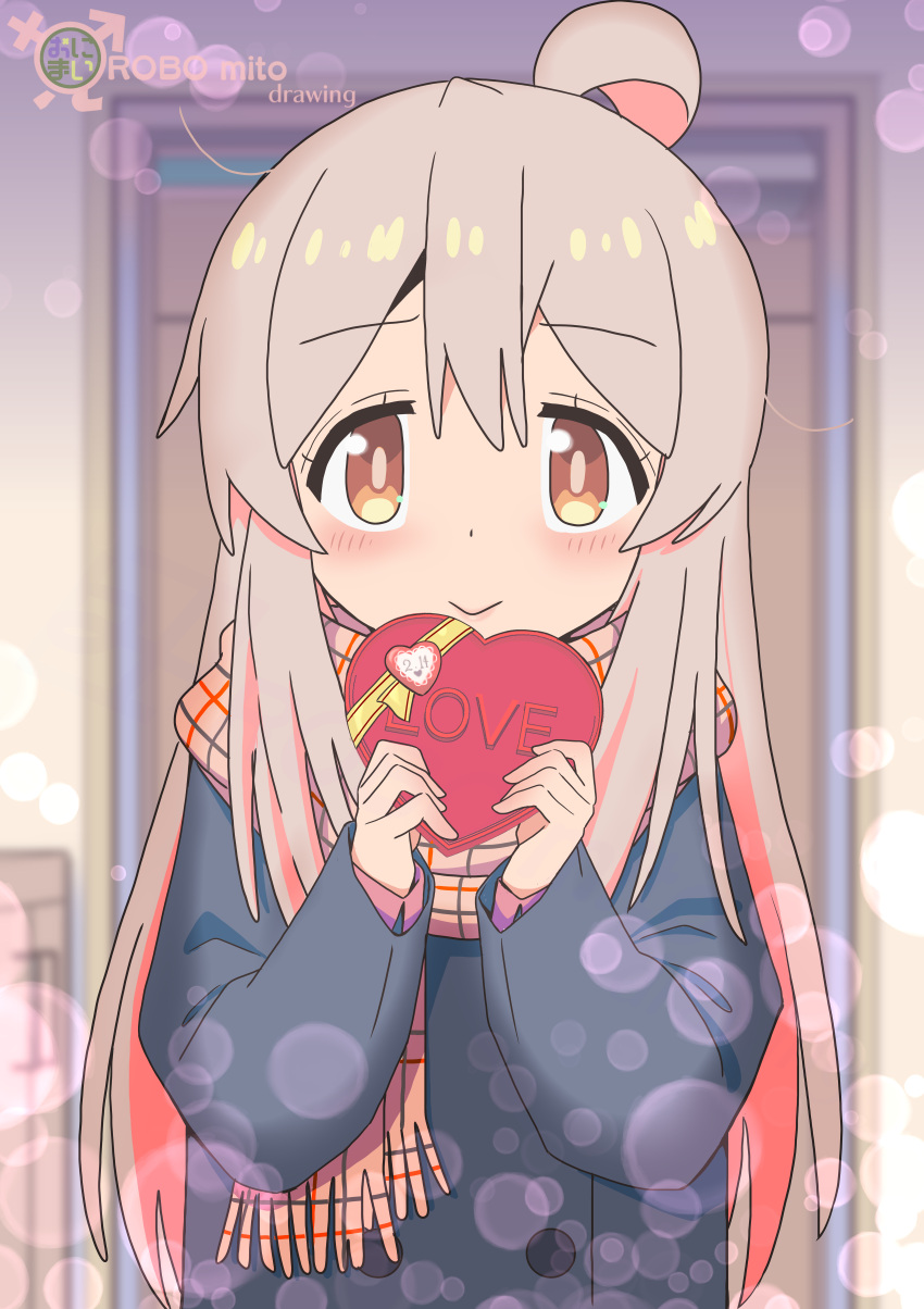 1girl, absurdres, ahoge, artist_name, black_coat, blush, box, brown_eyes