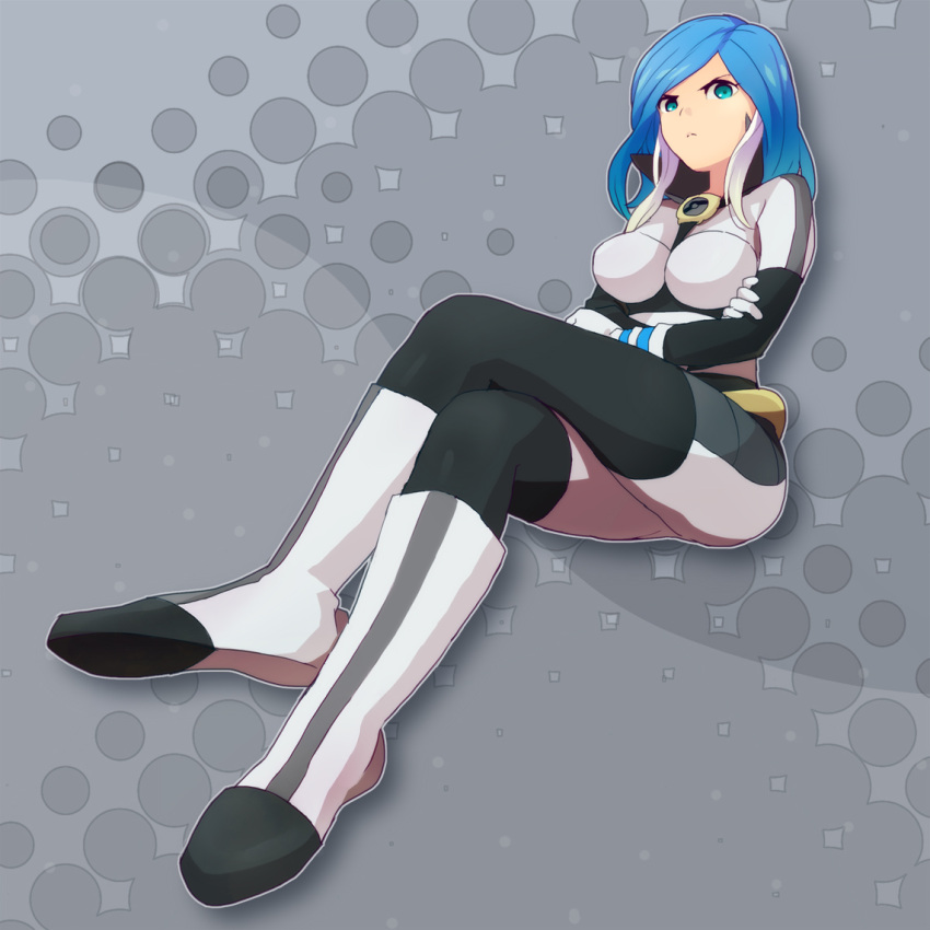 bad_id, blue_eyes, bodysuit, boots, crossed_arms, crossed_legs, frown, inazuma_eleven