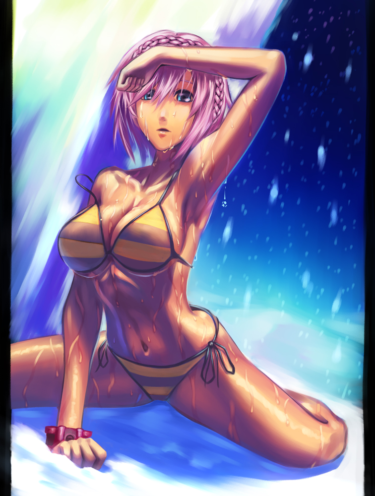 arm_support, armpits, bikini, blue_eyes, braid, breasts, cleavage, collarbone, daiba_kanon, doi_tabasuko, god_eater, god_eater_burst, navel, pillarboxed, purple_hair, realistic, shading_eyes, short_hair, shower, side-tie_bikini, sitting, solo, spread_legs, strap_slip, striped, striped_bikini, striped_swimsuit, swimsuit, twin_braids, wariza, watch, wet