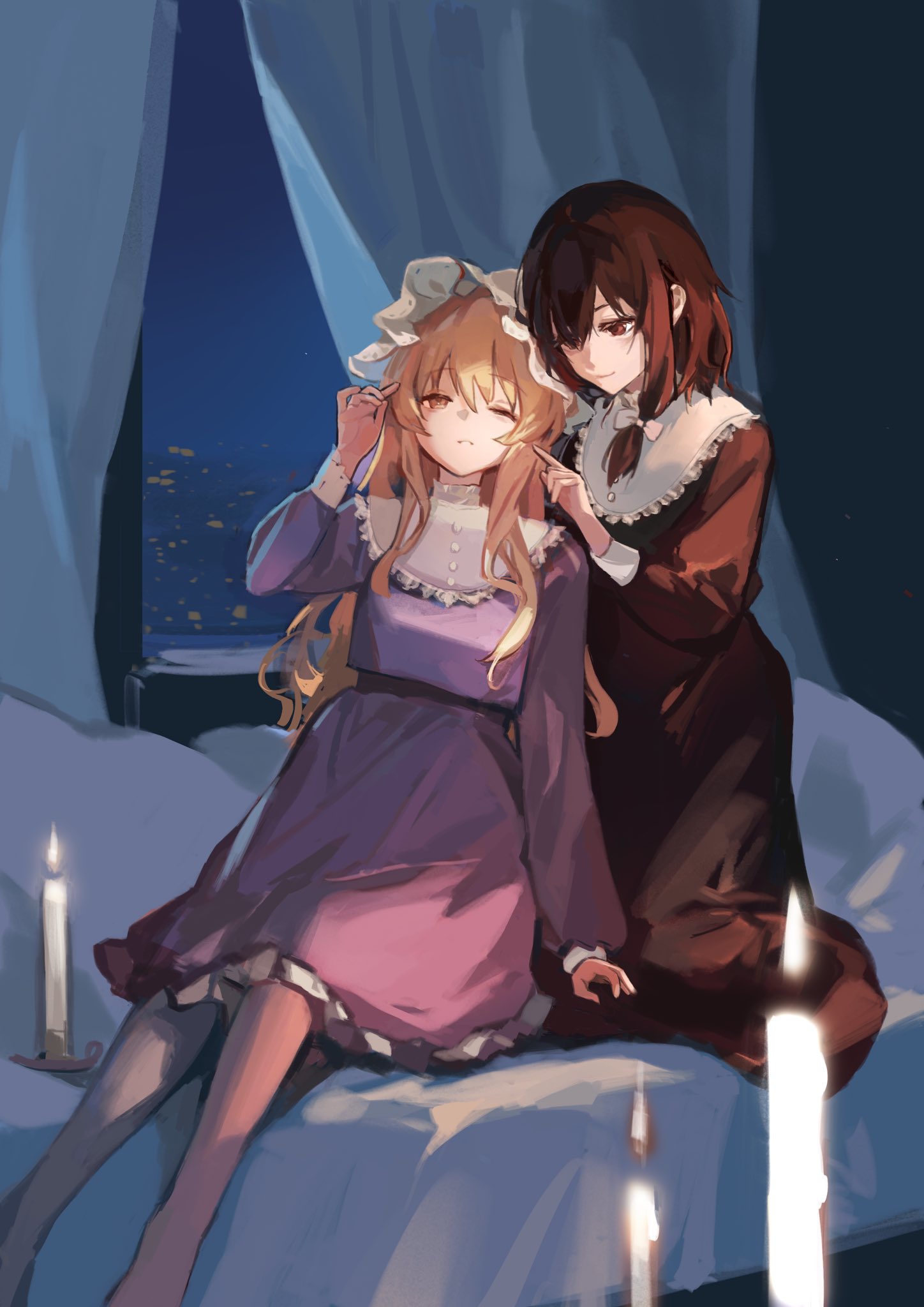 2girls, aliaos, bed, black_dress, blonde_hair, brown_eyes, brown_hair, candle