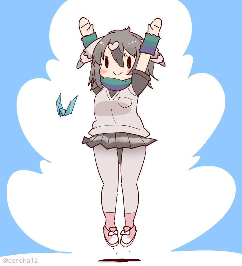 1girl, arms_up, bird_girl, bird_tail, bird_wings, blue_background, cardigan, coroha