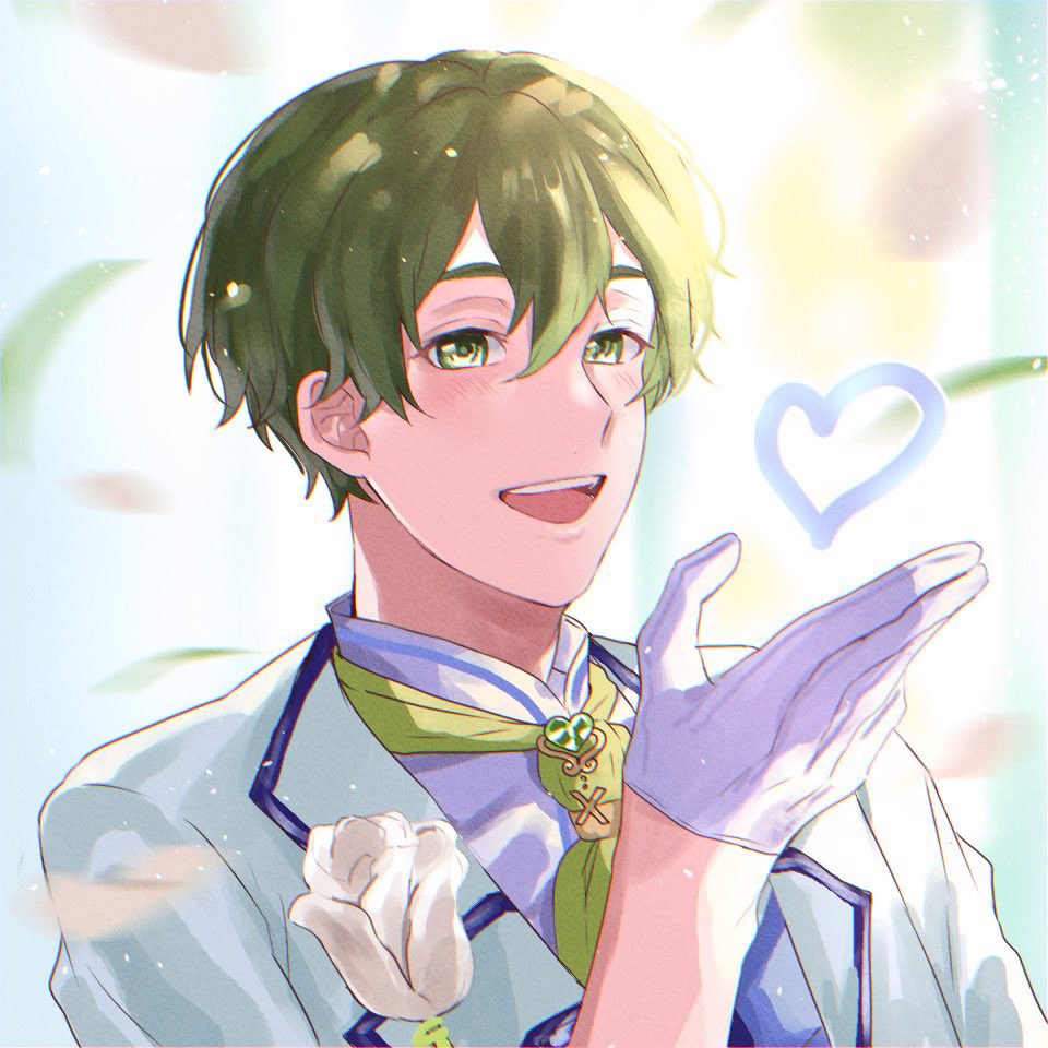 1boy, :d, ascot, gloves, green_ascot, green_eyes, green_hair, hair_between_eyes