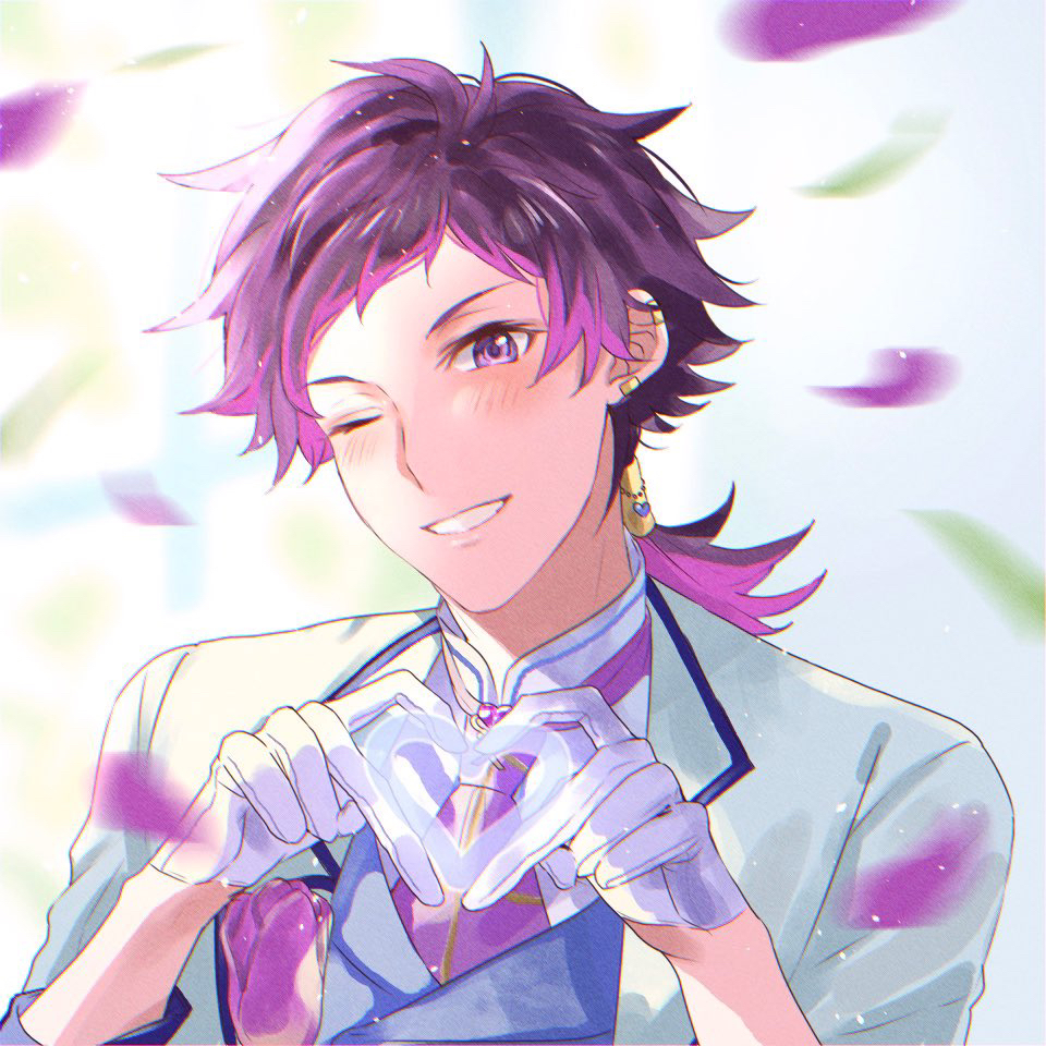 1boy, gloves, hair_tubes, heart, heart_hands, idol_clothes, long_hair, male_focus