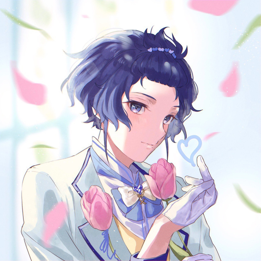 1boy, blue_bow, blue_eyes, blue_hair, bow, gloves, hair_ornament, hair_pulled_back