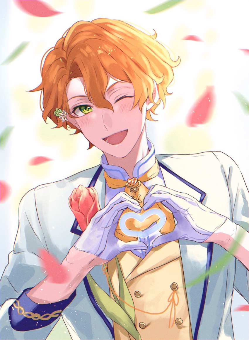 1boy, ascot, blush, flower, gloves, green_eyes, hair_ornament, hairclip
