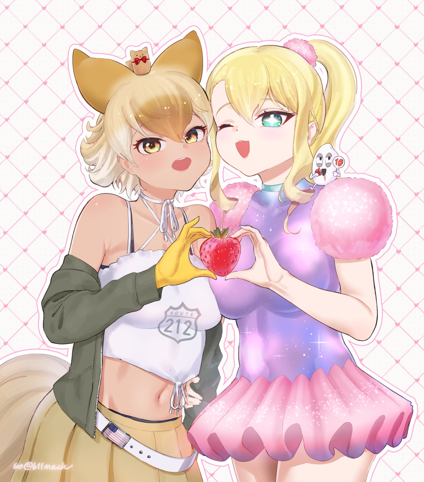 2girls, absurdres, animal_ears, beleven, belt, blonde_hair, blue_eyes, camisole