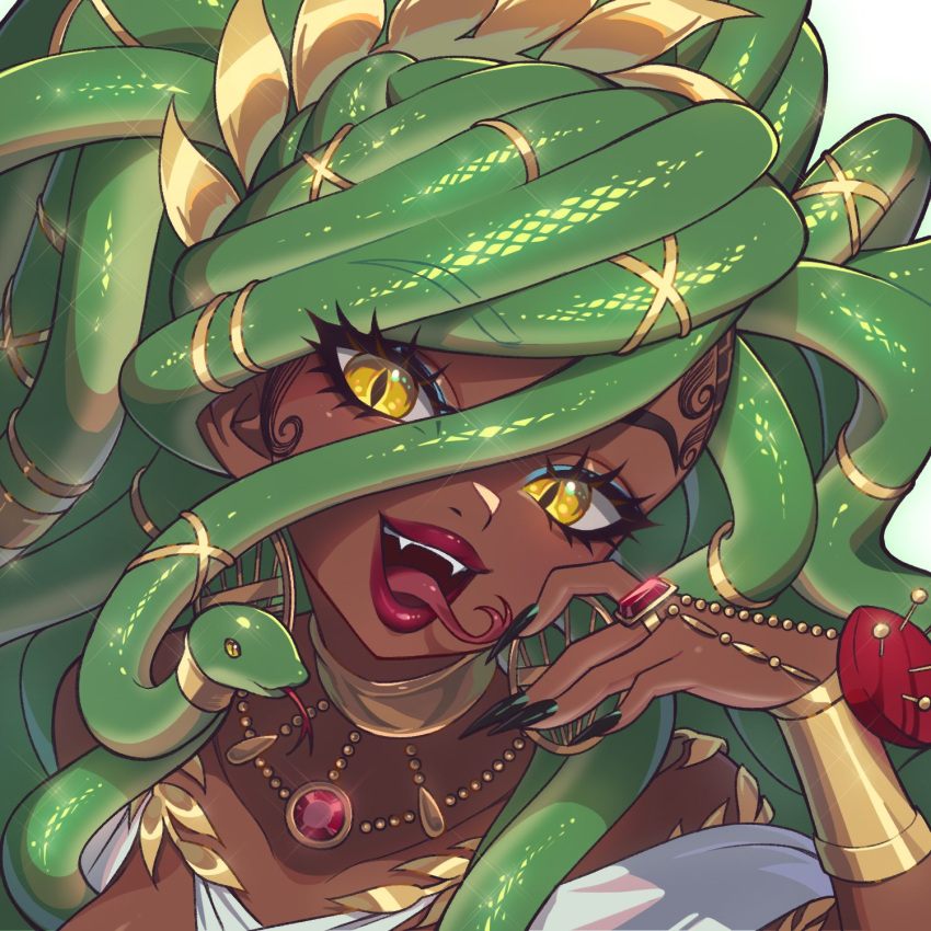 1girl, anarkee_(vtuber), dark-skinned_female, dark_skin, dizim, forked_tongue, gold_necklace, green_hair